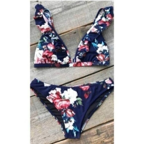 NEW Blue White Floral Print Bikini Set Size Large Bathing Suit Swim - Picture 2 of 7